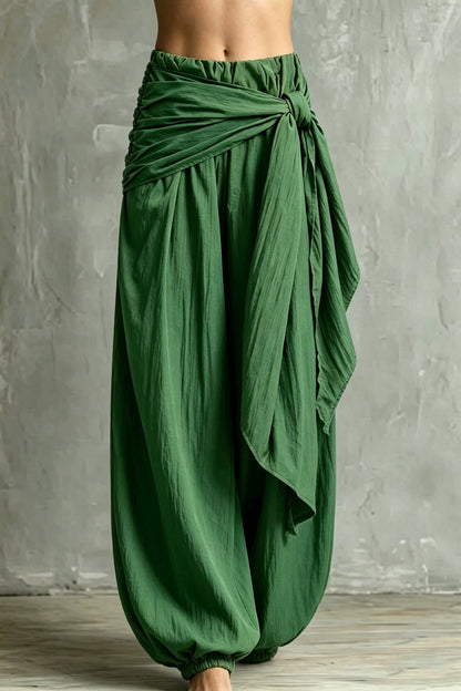 Vintage Wrap Tie Harem Pants, Loose Crinkle Cotton Linen Jogger Trousers
