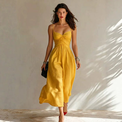 Linen Spaghetti Strap Sweetheart Ruched Bust Flowy Midi Dress