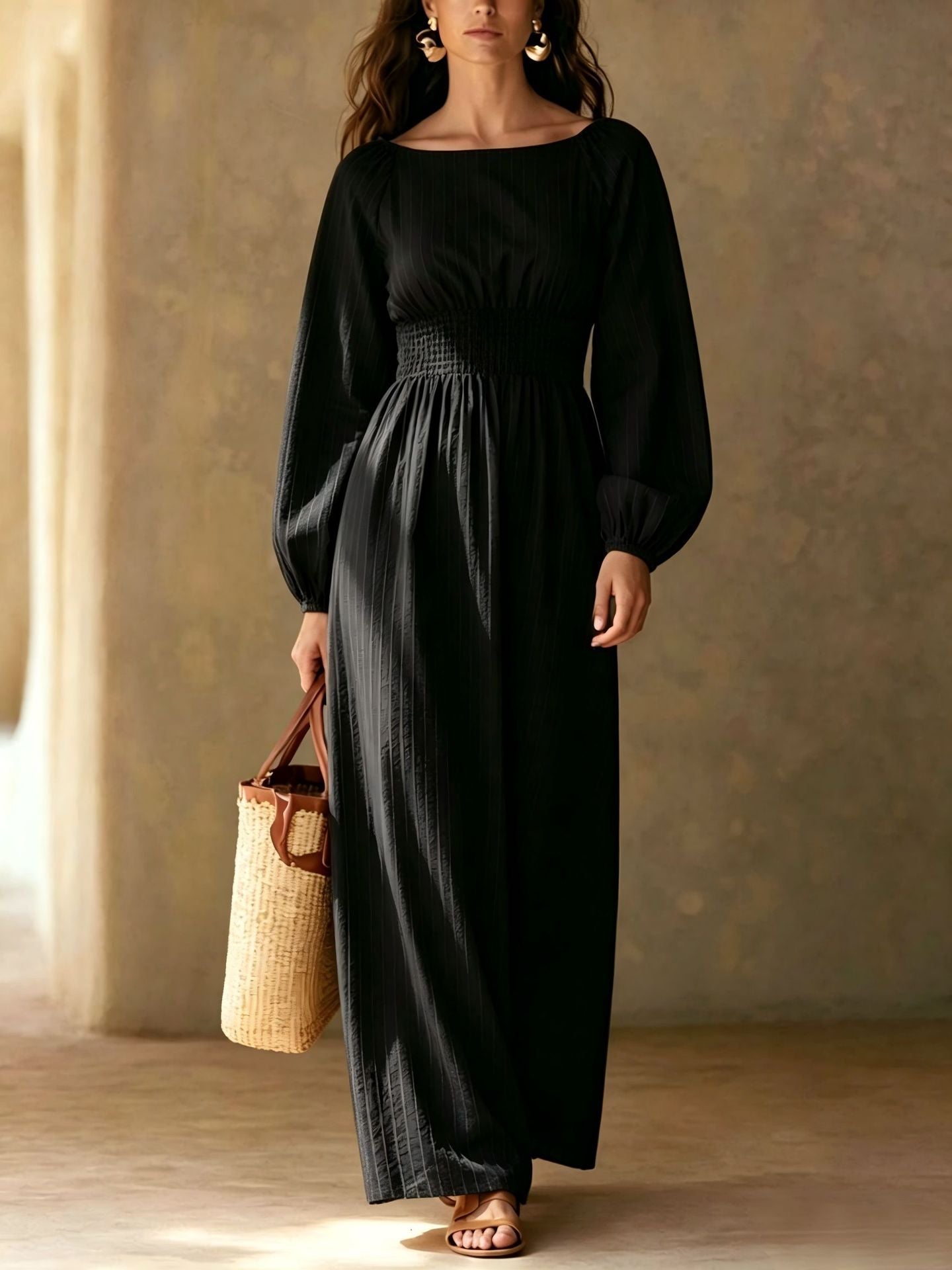Pinstripe Smocked‑Waist Balloon Sleeve Maxi Dress