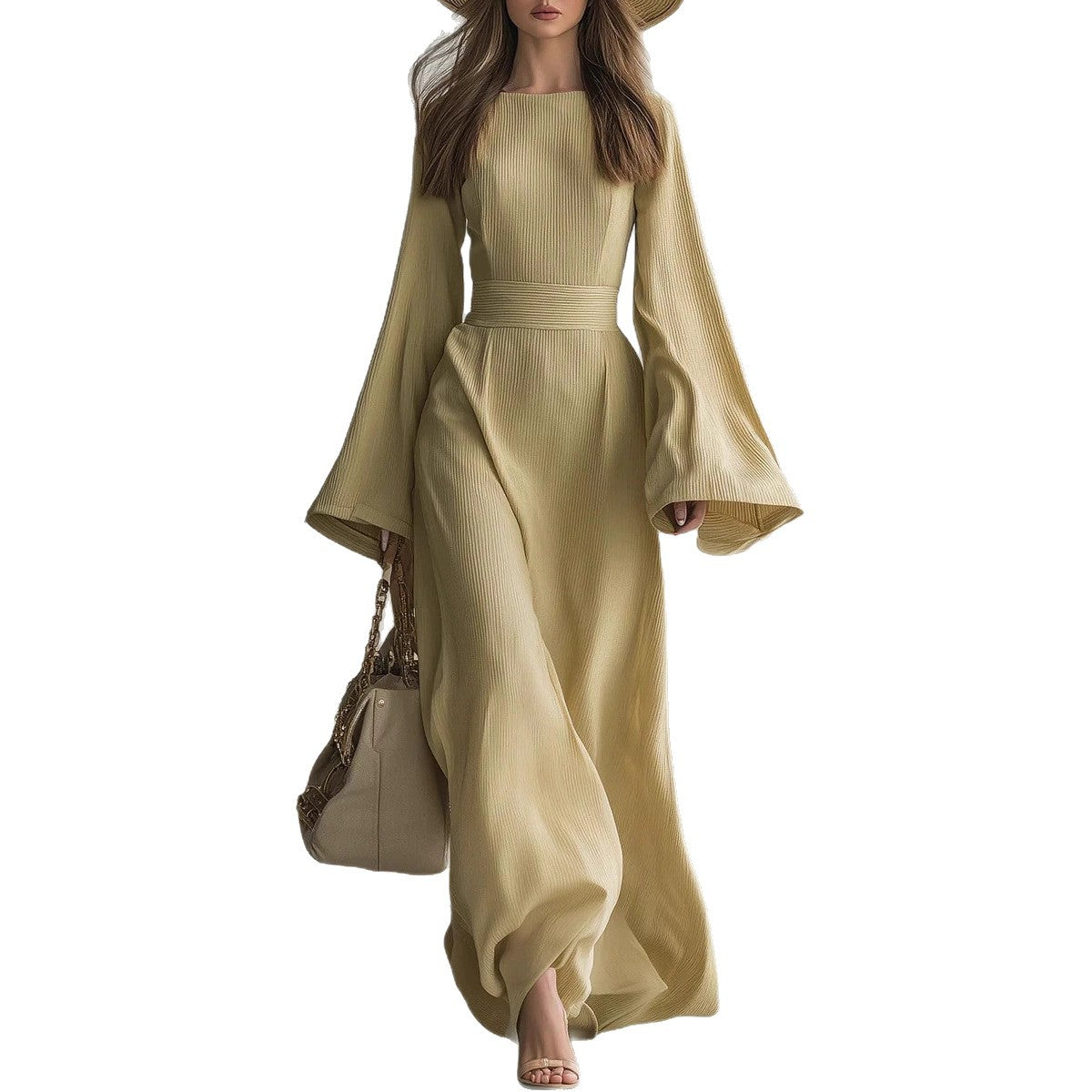 Ribbed Boat Neck Flare Sleeve Fitted Wrap Maxi Dress