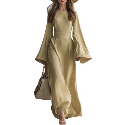 Ribbed Boat Neck Flare Sleeve Fitted Wrap Maxi Dress