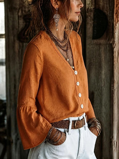 V-Neck Button-Front Bell Sleeve Blouse