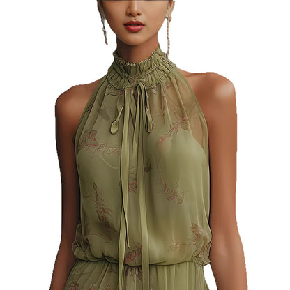 High-Neck Floral Chiffon Fringe Mini Dress