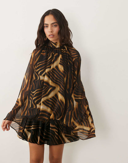 Tiger Print High‑Neck Cape‑Sleeve Tiered Chiffon Mini Dress