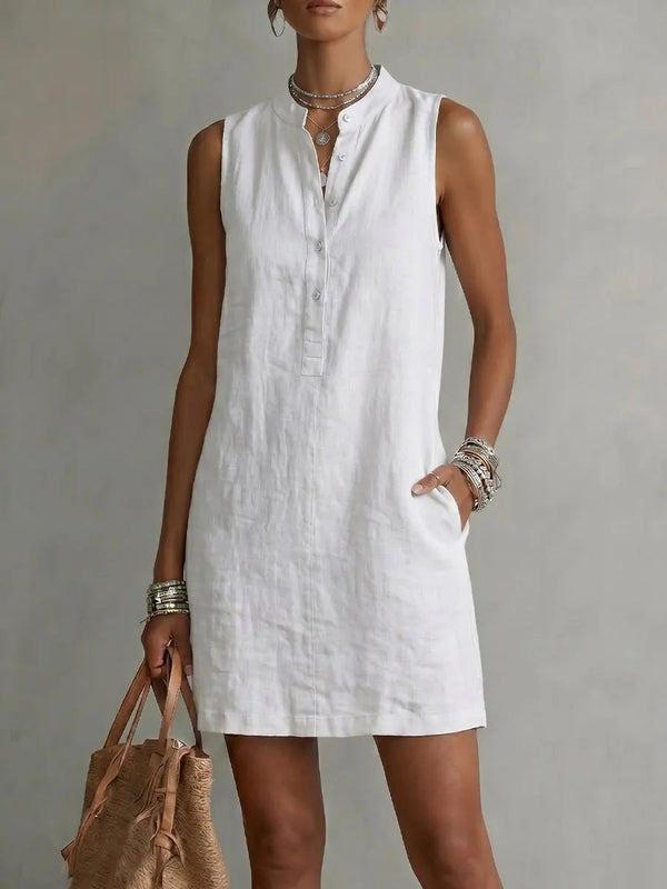 Sleeveless Linen Button-Front Mini Dress