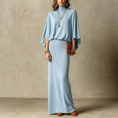 Women's Grey Ribbed Turtleneck Batwing Top & High Waist Maxi Skirt Two Piece Set