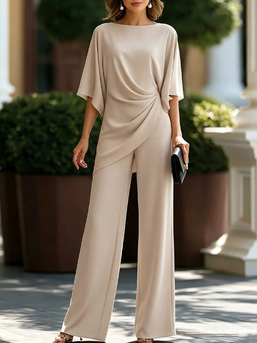 Women's Solid Boat Neck Batwing Sleeve Draped Top & Wide Leg Pants 2 Piece Jumpsuit Set