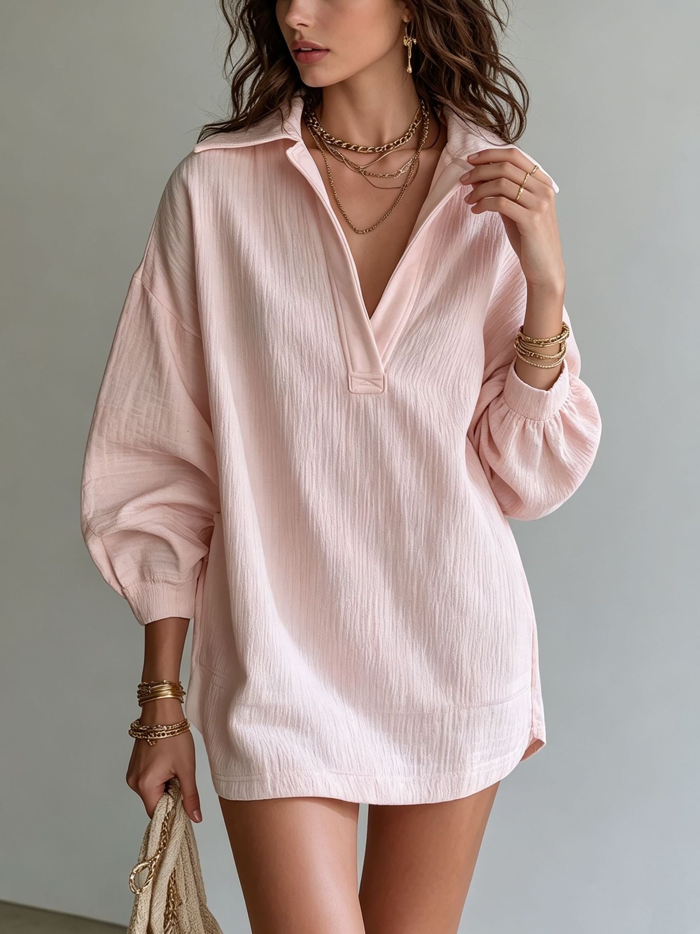 Crinkle Textured Collar V‑Neck Tunic Dress Women Loose Long Sleeve Casual Mini Dress