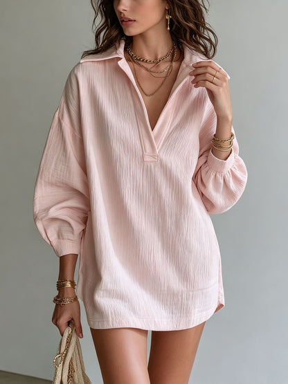 Crinkle Textured Collar V‑Neck Tunic Dress Women Loose Long Sleeve Casual Mini Dress