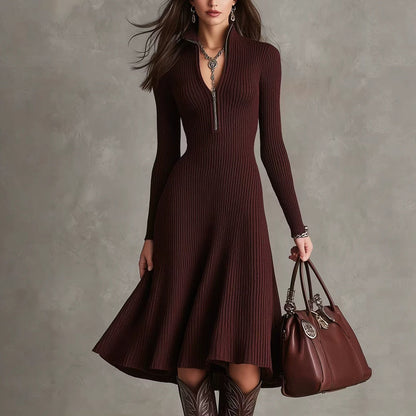 Half‑Zip Ribbed Knit Fit‑and‑Flare Midi Sweater Dress