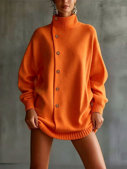 Oversized Asymmetric Button Turtleneck Knit Mini Dress