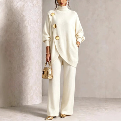 Turtleneck Gold‑Button Asymmetric Knit Tunic & Wide‑Leg Pants Two‑Piece Set