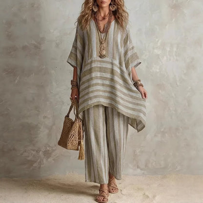 V-Neck Loose Striped Casual Two-Piece Suit