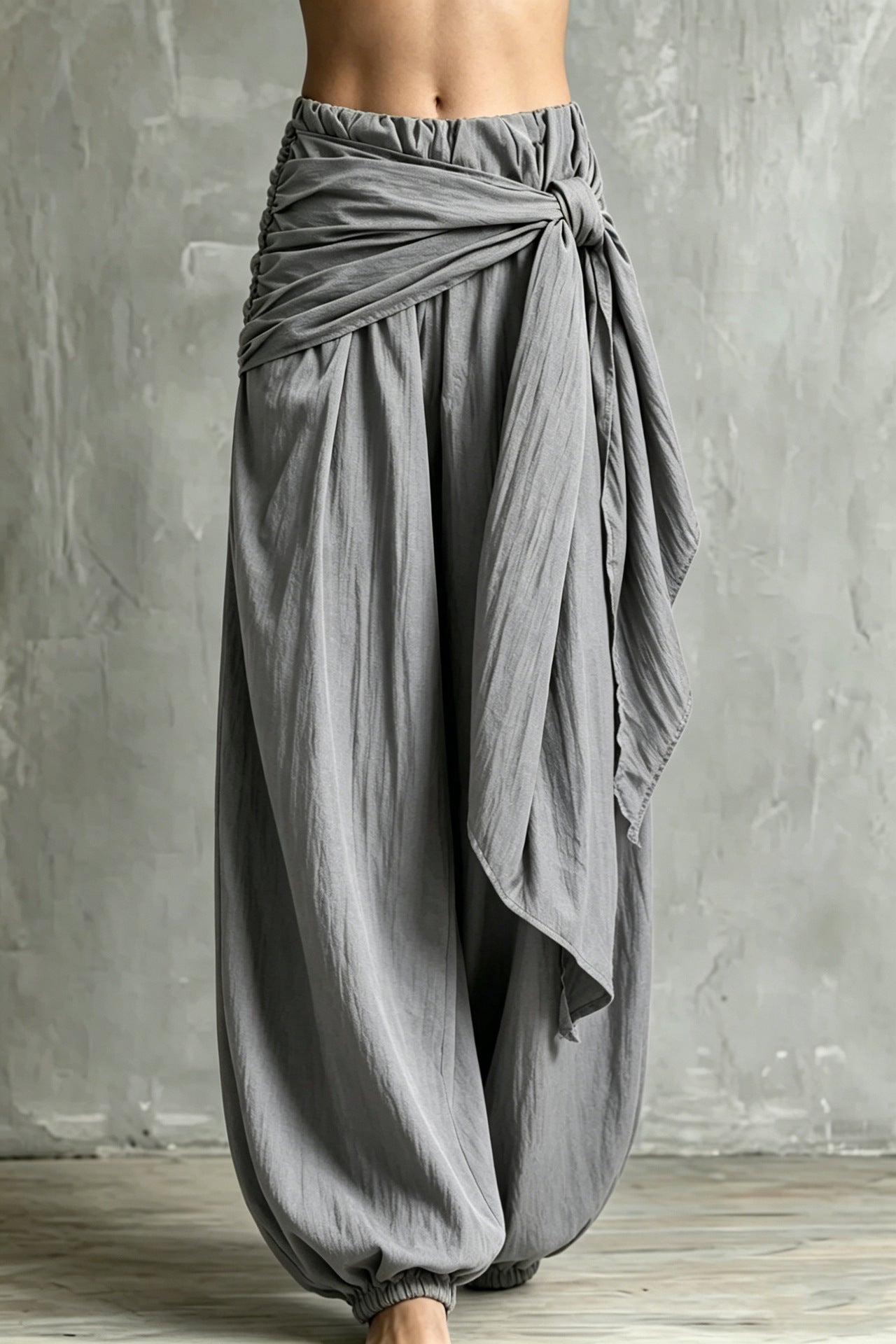 Vintage Wrap Tie Harem Pants, Loose Crinkle Cotton Linen Jogger Trousers