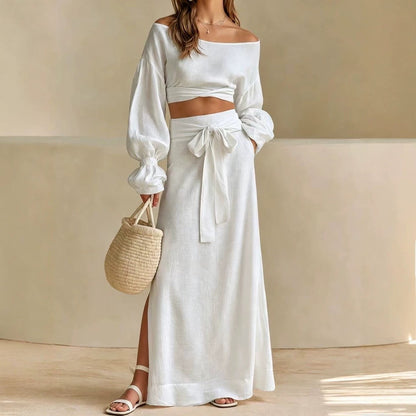 Linen‑Blend Off‑Shoulder Crop Top & Tie‑Waist Slit Maxi Skirt Two‑Piece Set