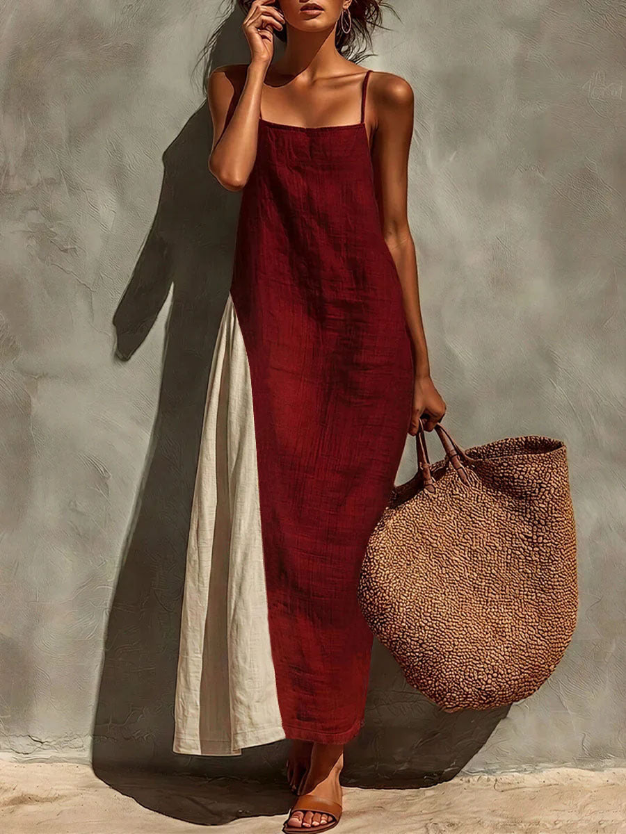 Block Spaghetti Strap Linen Asymmetrical Maxi Dress