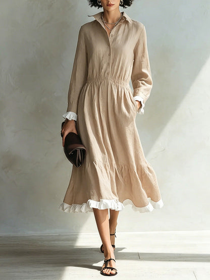 Button-Down Shirt Dress with White Ruffle Trim