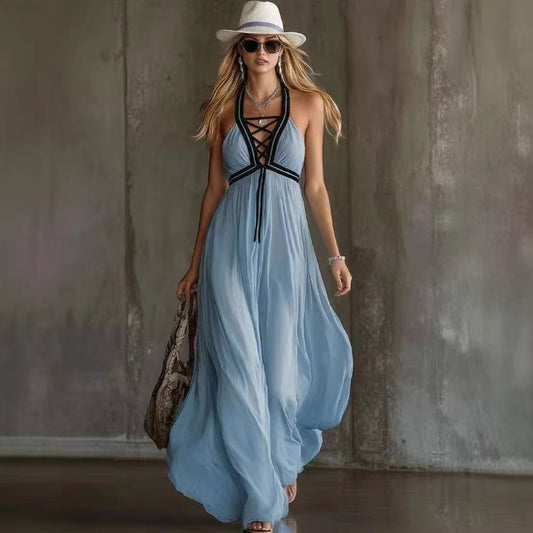 Light Blue Crisscross Halter Flowy Chiffon Maxi Dress