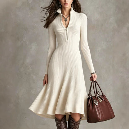 Half‑Zip Ribbed Knit Fit‑and‑Flare Midi Sweater Dress
