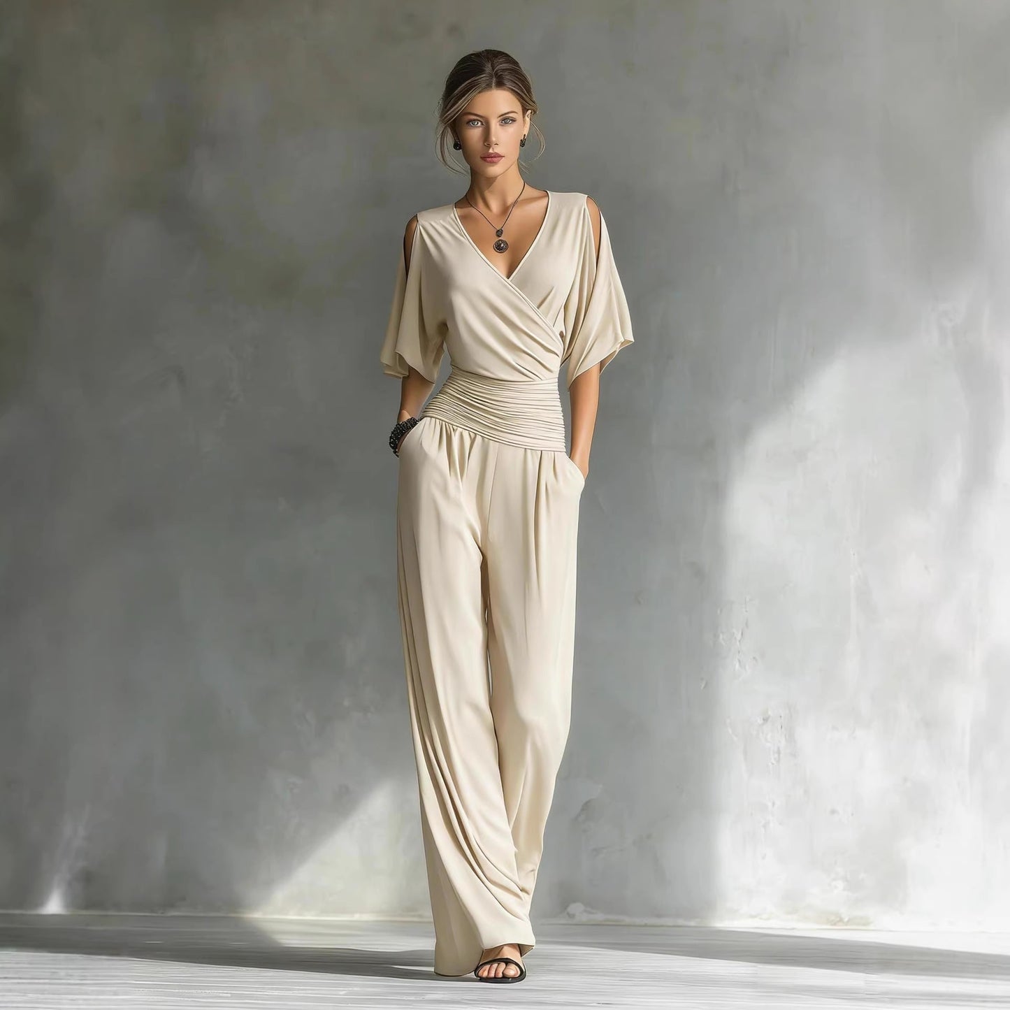 Cold Shoulder Wrap V Ruched Waist Wide Leg Jumpsuit
