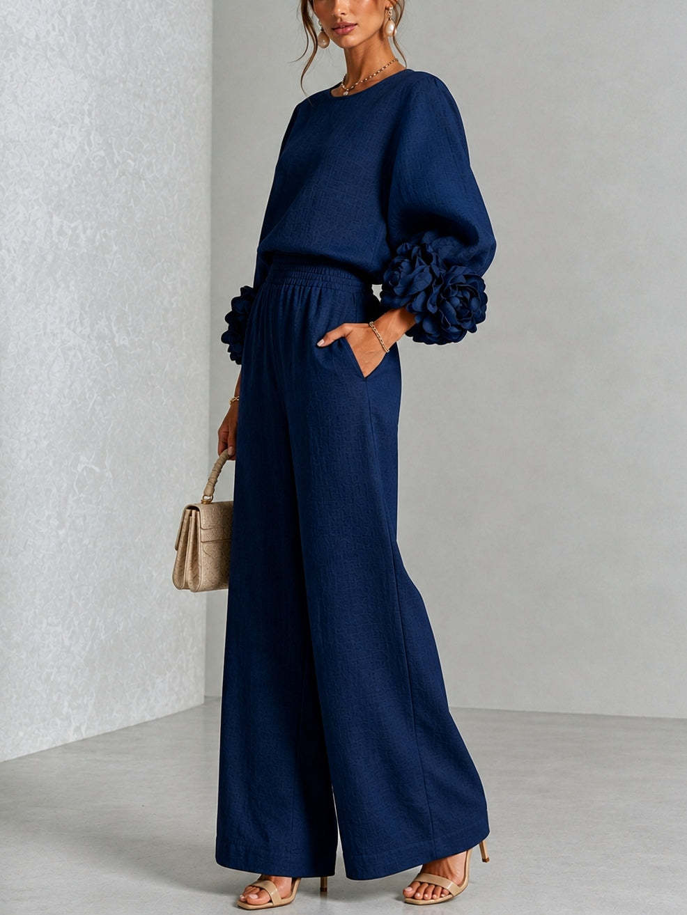 Pink Top Featuring Striking Floral Cuffs Paired With Wide-leg Pants Suit - Matching Sets
