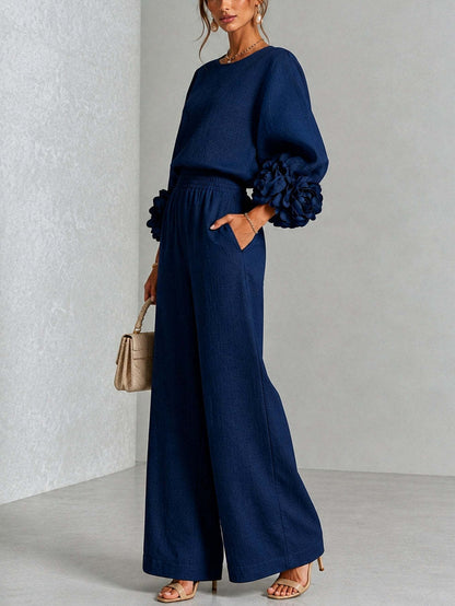 Pink Top Featuring Striking Floral Cuffs Paired With Wide-leg Pants Suit - Matching Sets