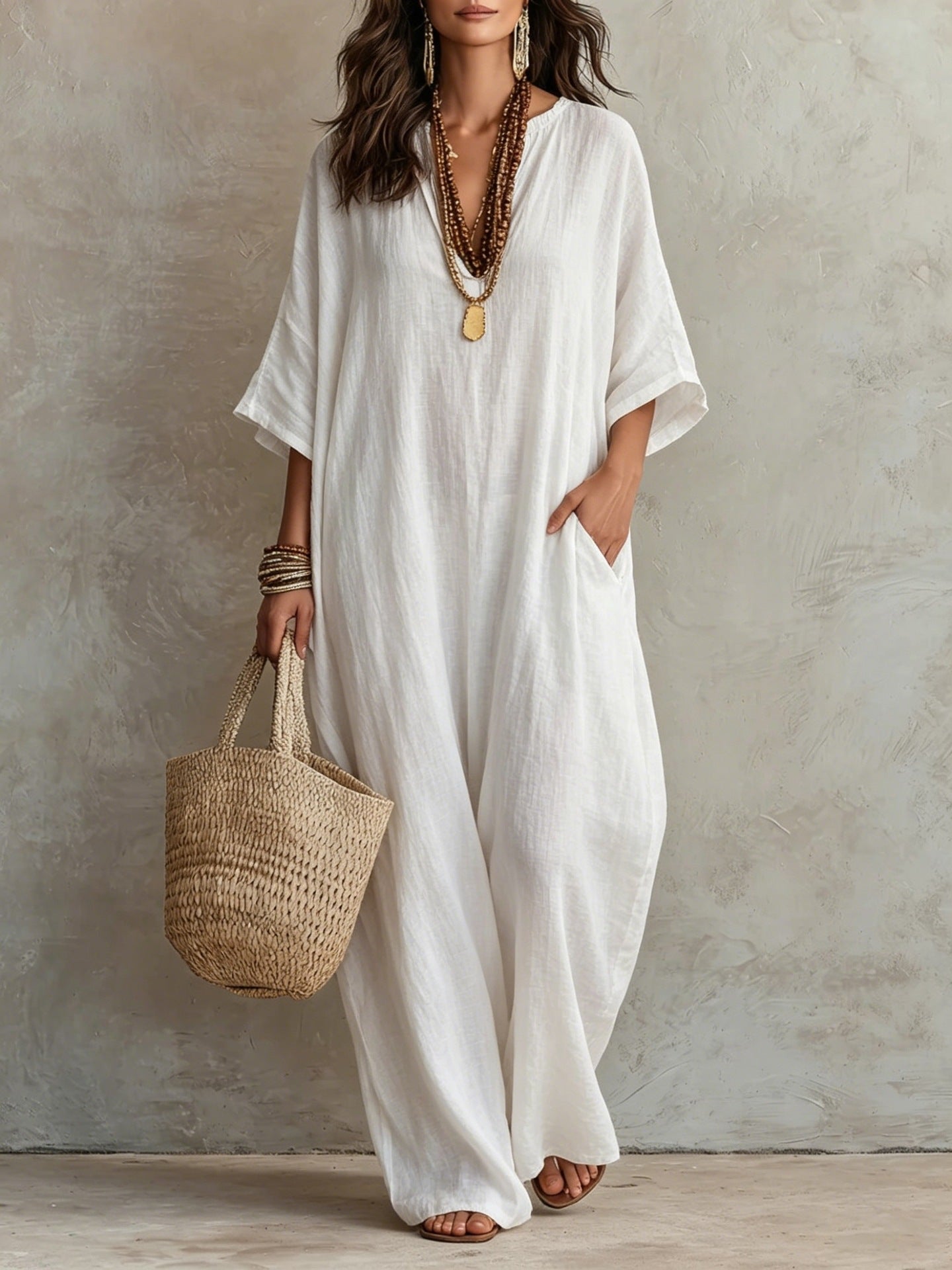 V‑Neck Half‑Sleeve Linen Blend Loose Maxi Kaftan Dress With Pockets