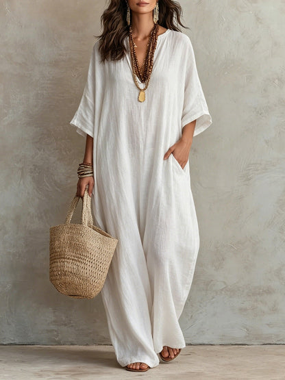 V‑Neck Half‑Sleeve Linen Blend Loose Maxi Kaftan Dress With Pockets