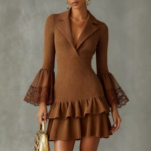 Blazer Collar Ribbed Knit Mini Dress With Lace Flare Sleeves