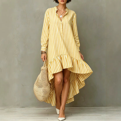 Vertical Stripe Long Sleeve Hi-Lo Ruffle Hem Shirt Midi Dress