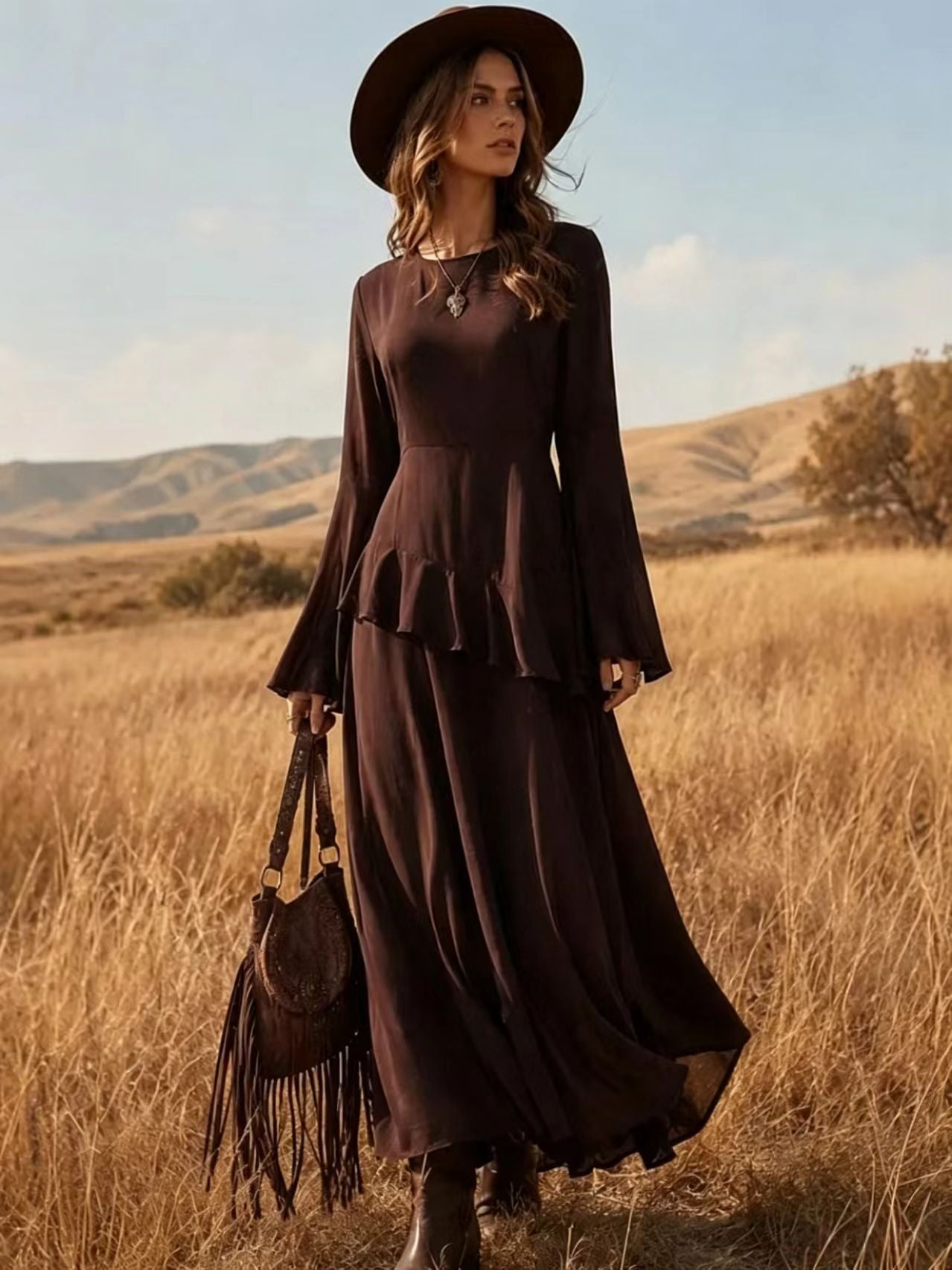 Asymmetrical Ruffle Long‑Sleeve Chiffon Maxi Dress