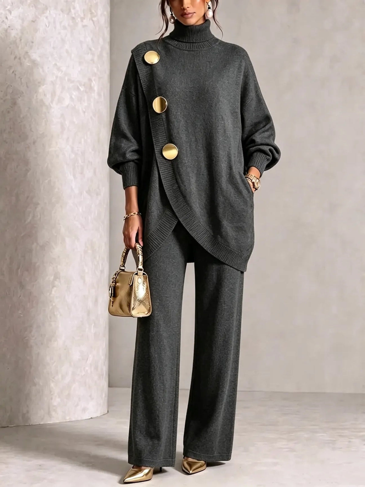 Turtleneck Gold‑Button Asymmetric Knit Tunic & Wide‑Leg Pants Two‑Piece Set