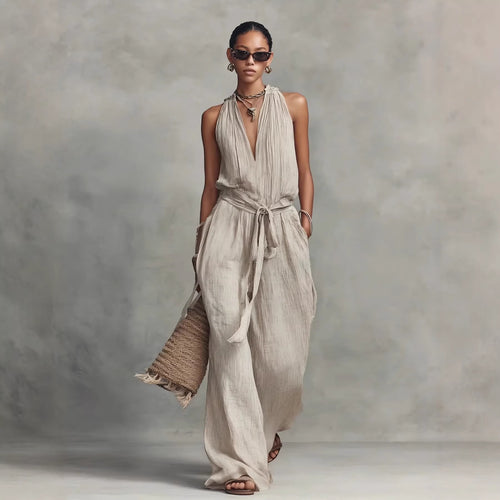Casual Lace-Up Sleeveless Cotton Blend Jumpsuit