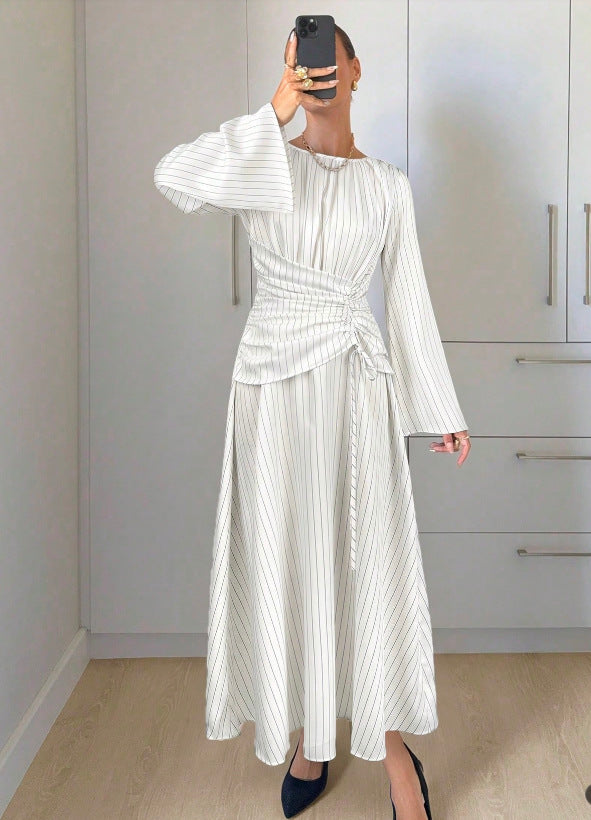 Pinstripe Ruched Waist Bell Sleeve Midi Dress