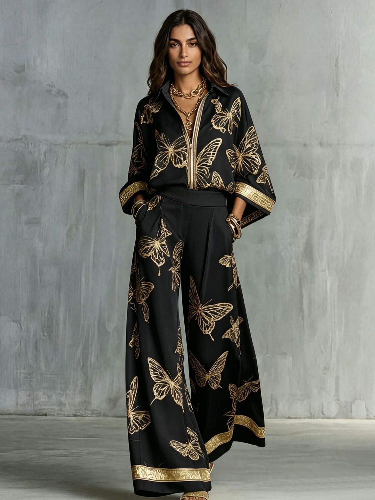 Butterfly Print Zip‑Front Blouse & Wide‑Leg Pant Two‑Piece Set