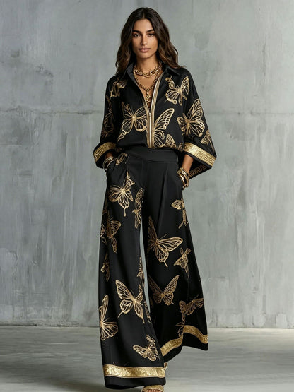 Butterfly Print Zip‑Front Blouse & Wide‑Leg Pant Two‑Piece Set