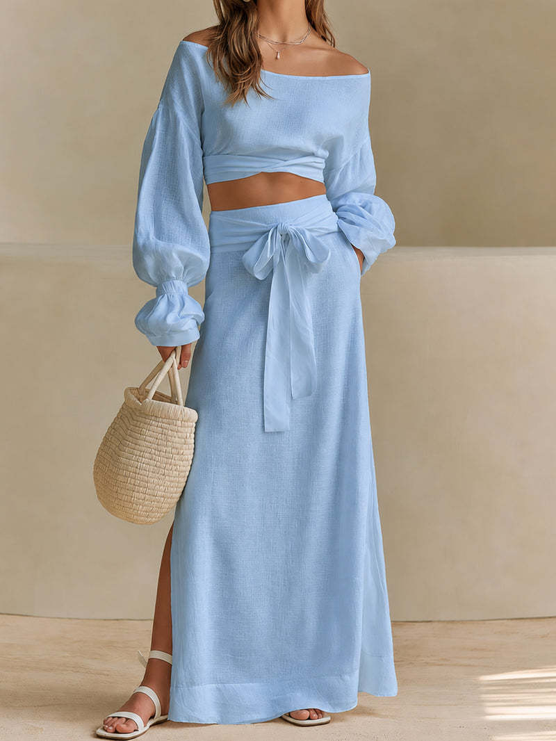 Linen‑Blend Off‑Shoulder Crop Top & Tie‑Waist Slit Maxi Skirt Two‑Piece Set