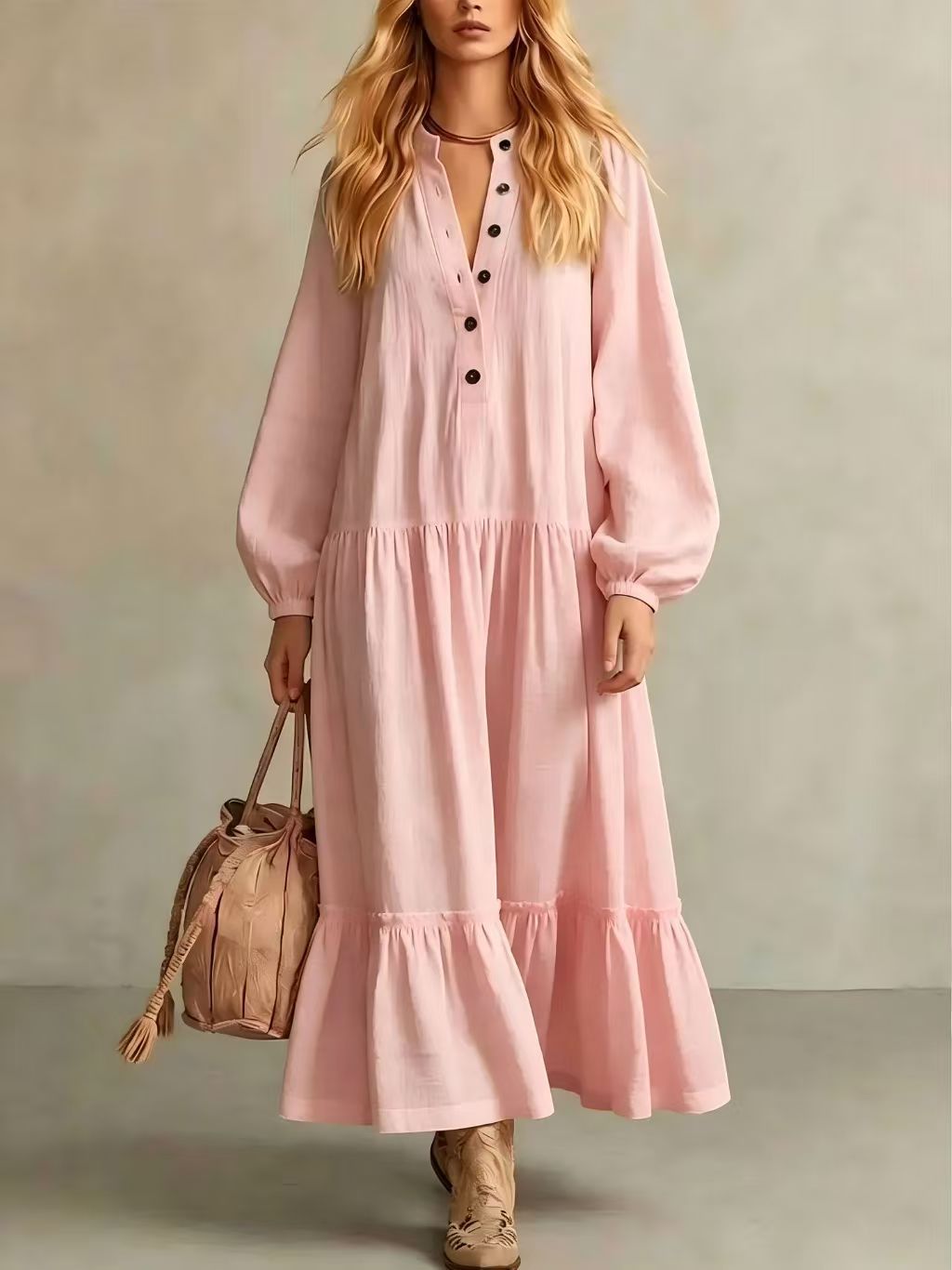 Crinkled Half Button Balloon Sleeve Tiered Ruffle Maxi Dress