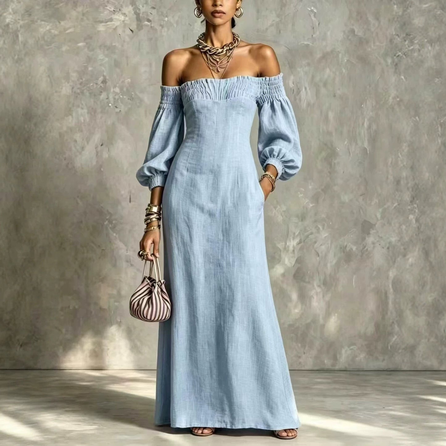 Off‑The‑Shoulder Puff‑Sleeve Linen‑Blend Maxi Dress