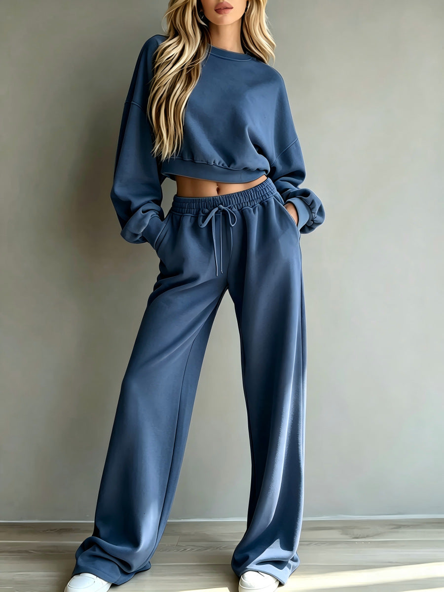 Women Casual 2‑Piece Tracksuit Set Cropped Sweatshirt Wide Leg Pants Loungewear Outfit