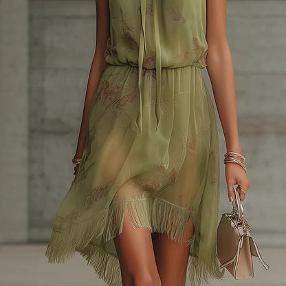 High-Neck Floral Chiffon Fringe Mini Dress