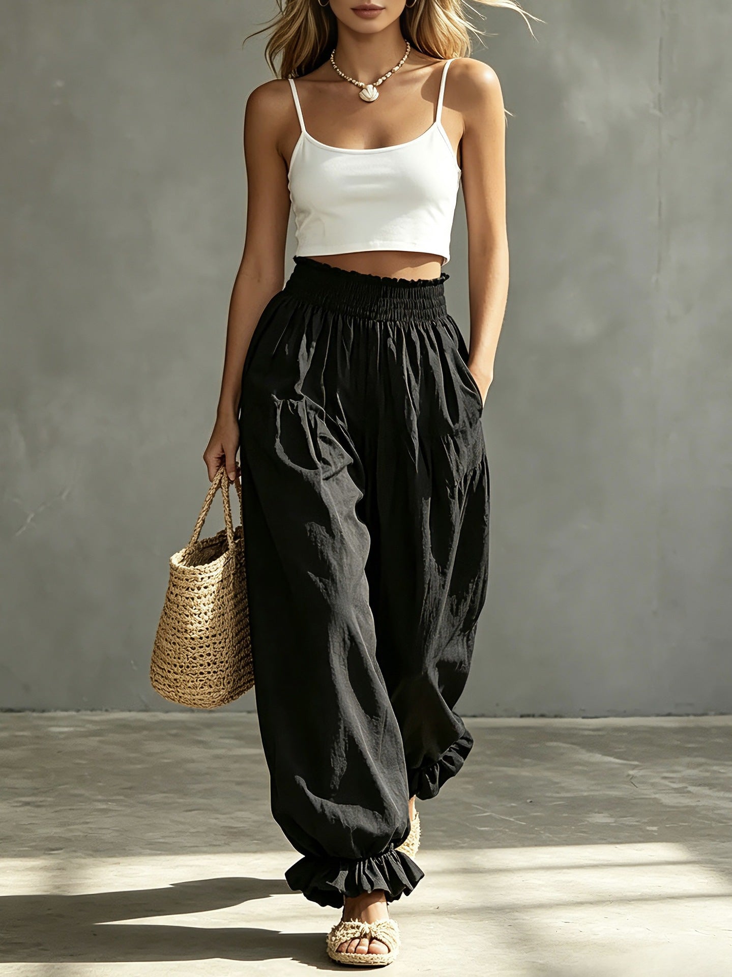 Casual Light Blue Ruffled Lantern Pants Elastic Waist Pants