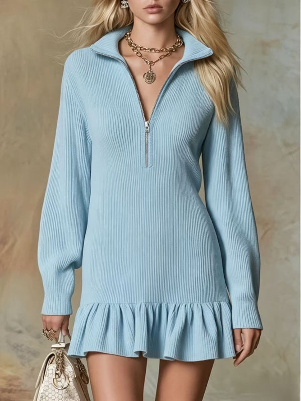 Half‑Zip Collared Ribbed Knit Ruffle Hem Sweater Dress