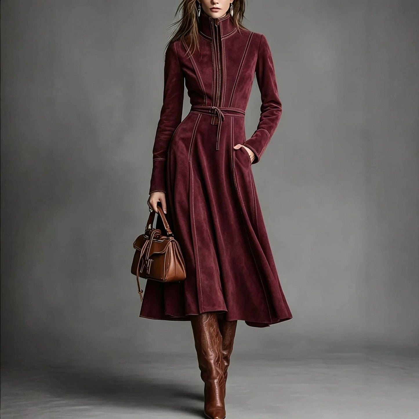 Women's Solid Brown Suede Zip‑Front Belted Long‑Sleeve Midi Dress