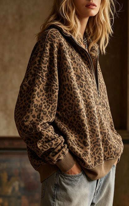 Women's Vintage Leopard Print Half Zip Long Sleeve Pullover Sweatshirt
