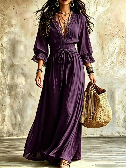 Women Boho V‑Neck Maxi Dress, 3/4 Flare Bell Sleeve Tie Waist A‑Line Flowy Long Dress Casual Vacation Beach Dress