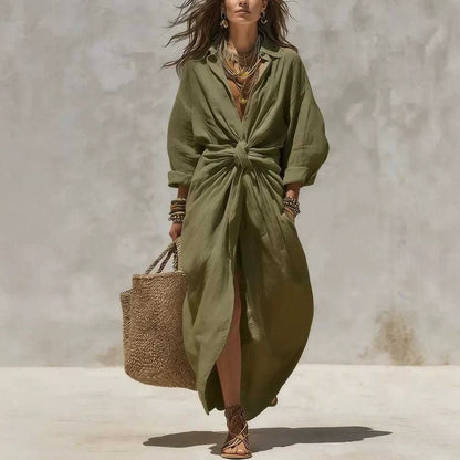 Women'S Solid Color Shirt Collar Single-Breasted Pocket Cardigan Long-Sleeved Casual Dress