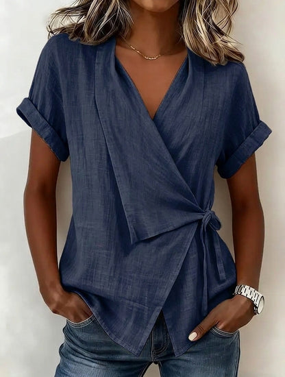 Wrap Tie Waist Linen Blend Short Sleeve V-Neck Blouse