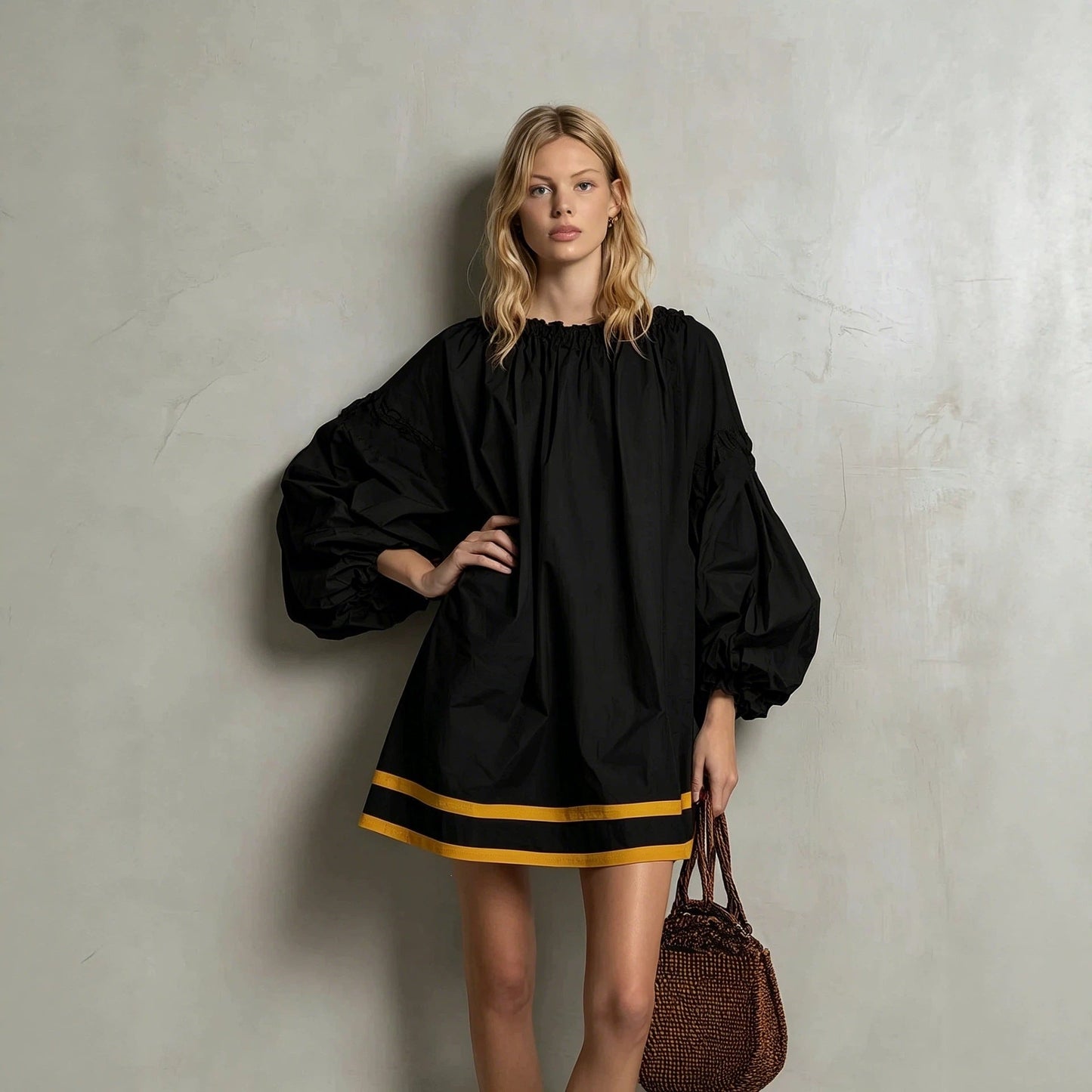 Ruffled Neck Balloon Sleeve Contrast Trim Poplin Mini Dress
