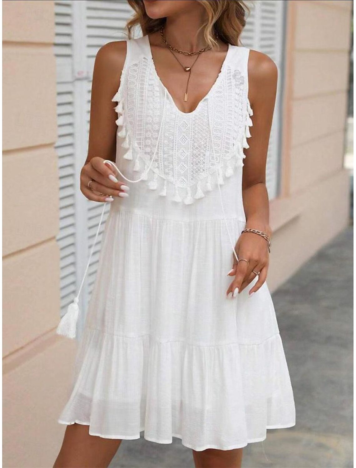 Crochet Lace Tassel‑Trim Sleeveless Tiered Mini Dress